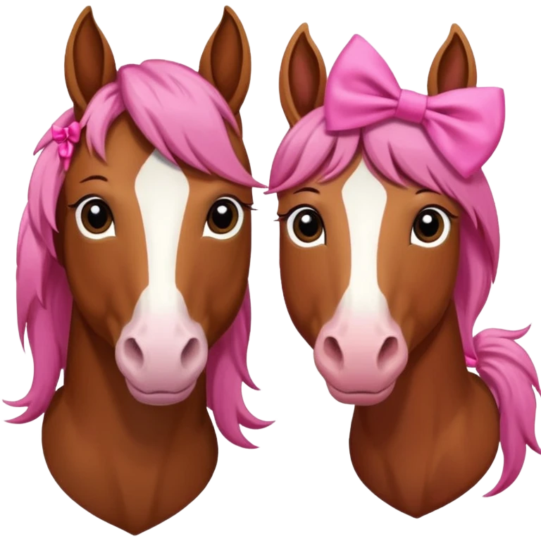 i want you to make a brown horse and a chestnut horse looking like best friends and having a pink bow on their maine next to ther ear emoji