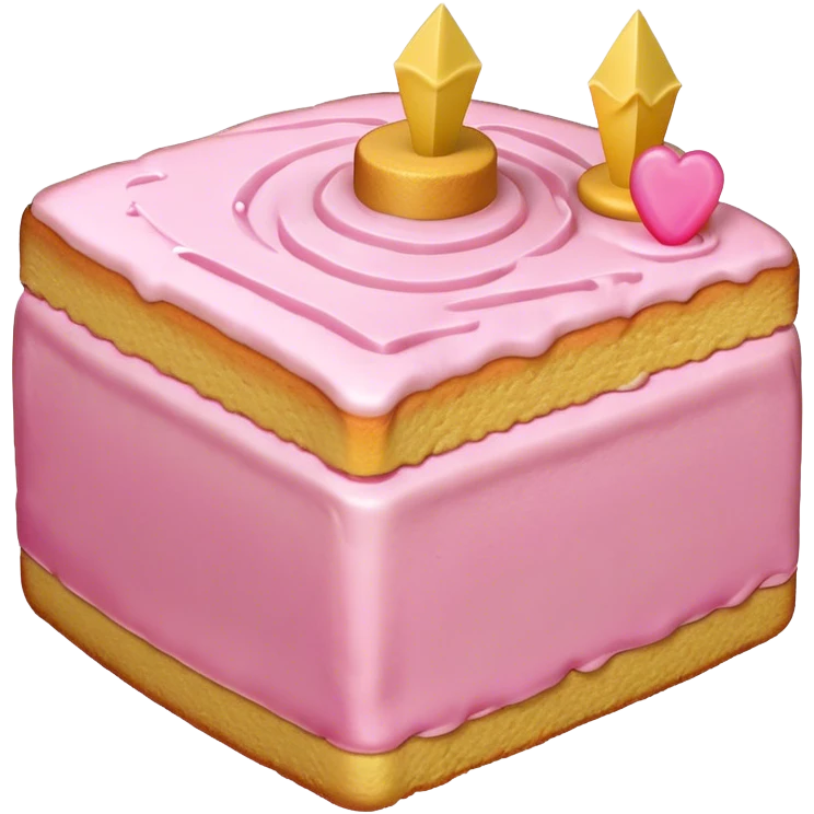 sweet simple slice of sponge cake, with pink frosting on top, pointing right emoji
