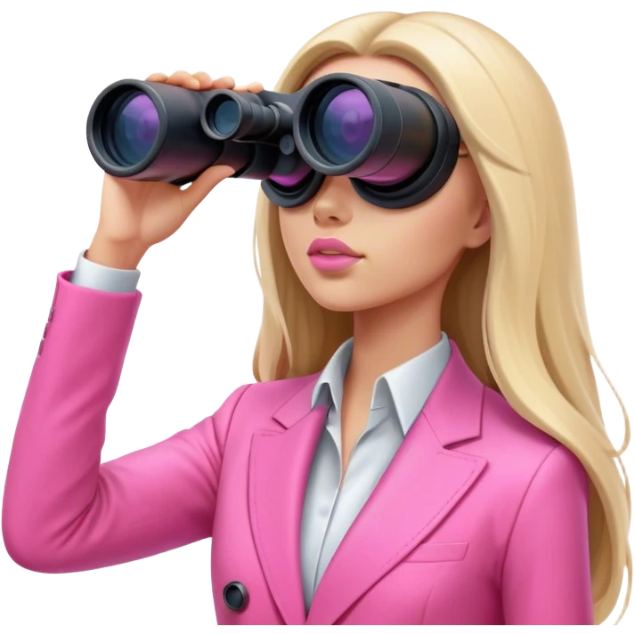 futuristic-looking woman with long hair in an intensive color pink suit looking through binocular, viewed from an angled perspective emoji
