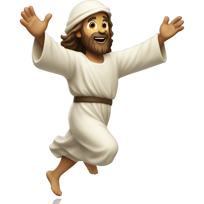 Jesus running, with a large stride and arms outstretched, santa hat emoji