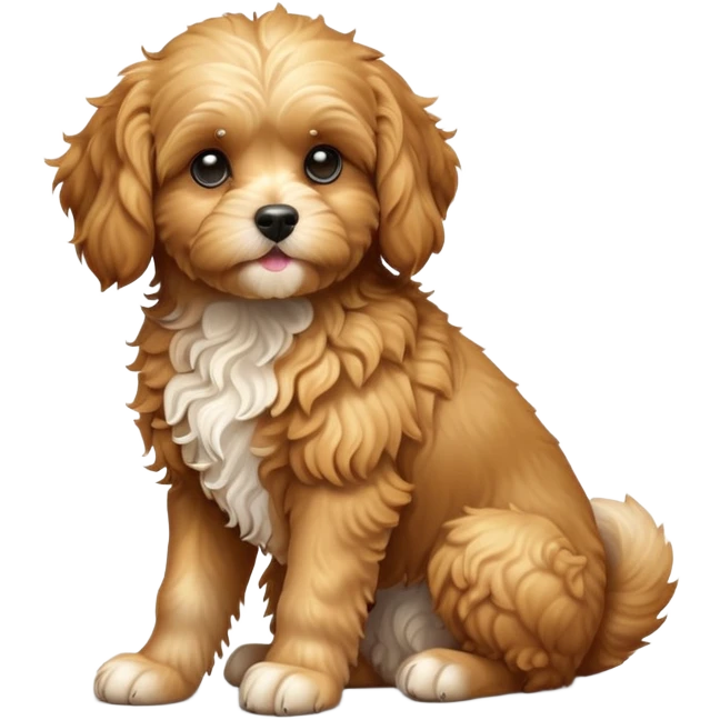 cinematic-[cavoodle dog]-realistic-full-body-sitting-emoji,-tail-resting-loosely-beside-its-paws,-head-tilted-dramatically,-curly-[solid golden]-fur,-simplified-yet-realistic-focused-features,-highly-detailed,-glowing-with-an-almost-sarcastic-glow emoji