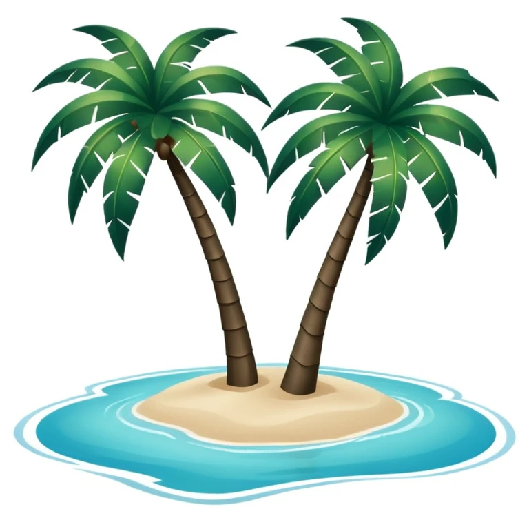 a pair of very dark green palm trees on light beige sand, surrounded by azure water, minimalism, no text emoji
