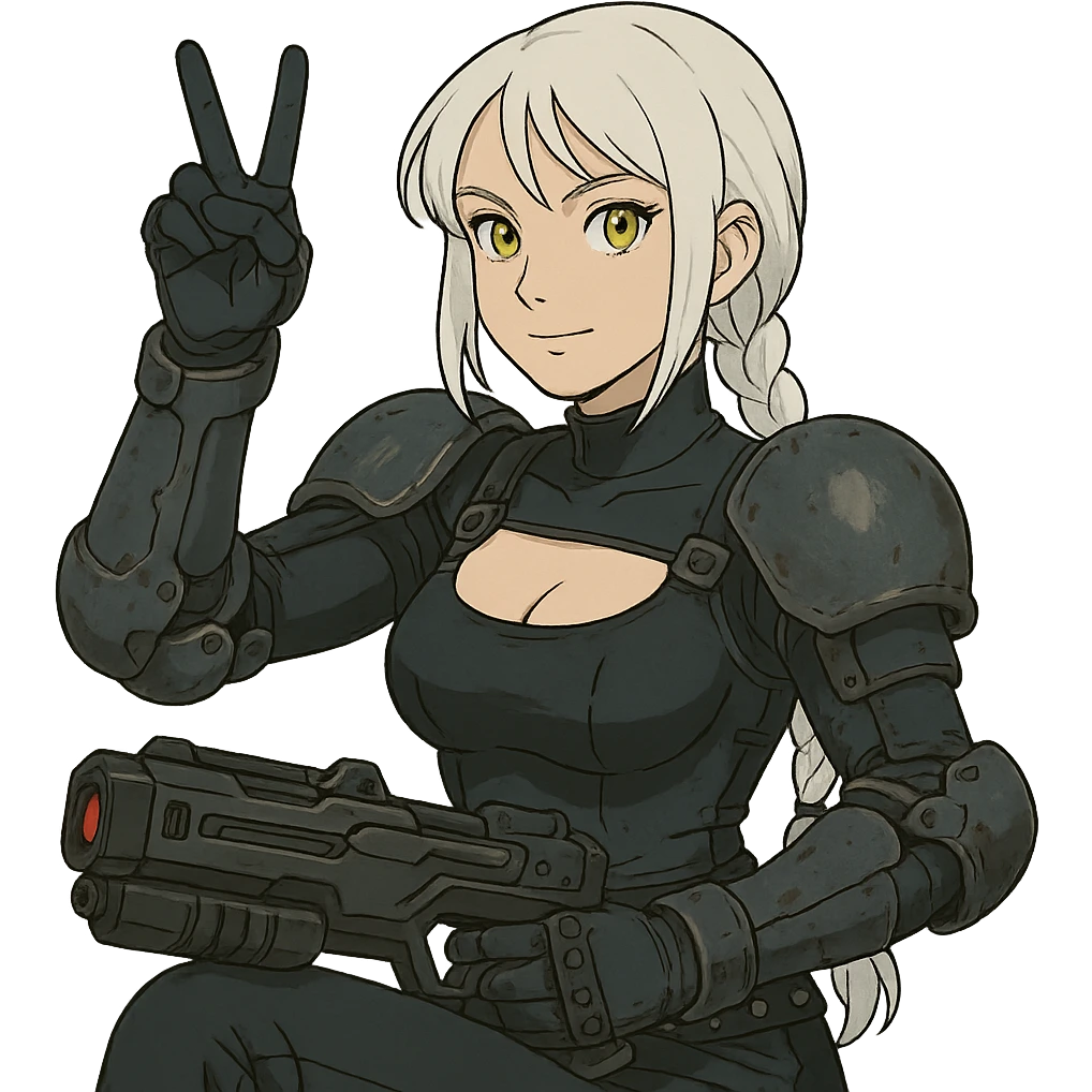  she is wearing armor, doing live-fire exercises at a safe and sanctioned training firing range with a maximum power blaster, except instead she's giving a victory salute, a closeup portrait of young woman with gold yellow eyes, white hair, long braid, black off-shoulder top d-cup, punk gothic style, futuristic cyberwave cyberpunk, sitting position
 emoji
