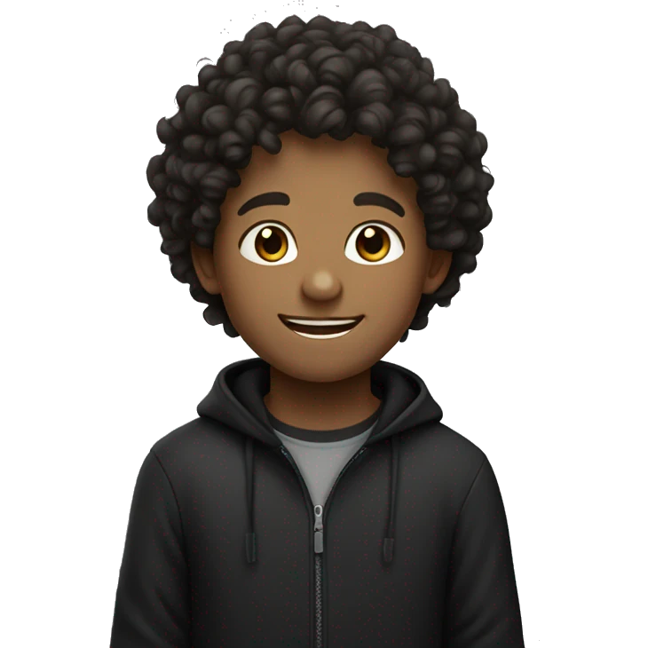 Boy with curly hair smiling in black shirt emoji