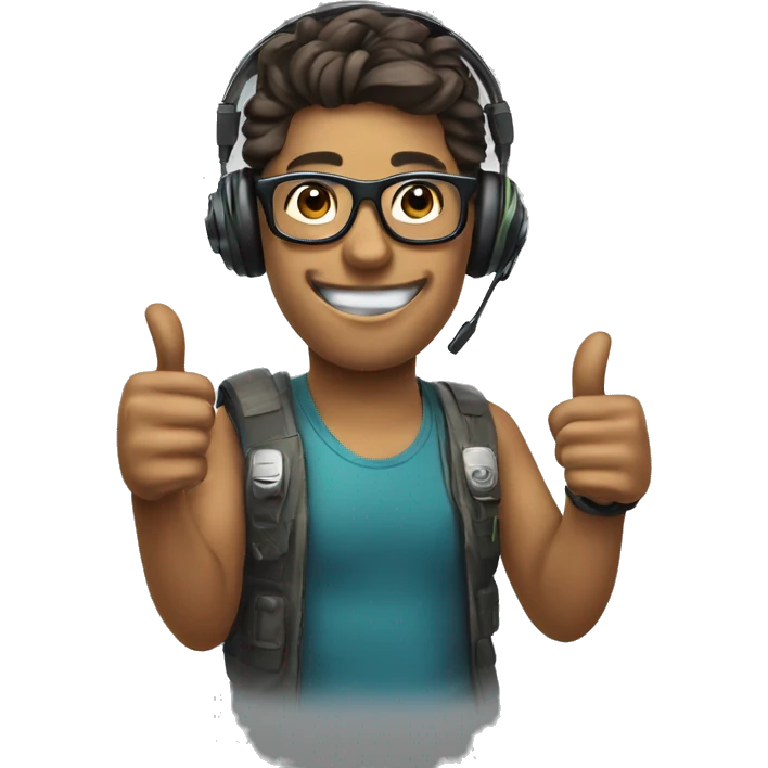 gamer with headset and mic with glasses and smile with thumbs up emoji