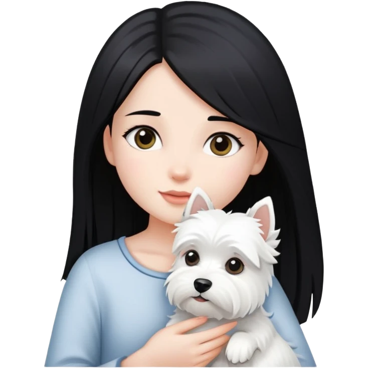 A girl with long straight black hair holding a white Westie emoji