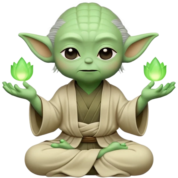 Create a custom emoji featuring Master Yoda from Star Wars. He should be in a meditative pose, levitating slightly off the ground, with his eyes closed and hands gently raised. Surround him with a soft green glow, symbolizing the Force. The background should be minimal or transparent to keep focus on Yoda. Keep the design simple, expressive, and suitable for emoji scale. Use a chibi or cartoonish art style to emphasize cuteness and recognizability at small sizes emoji