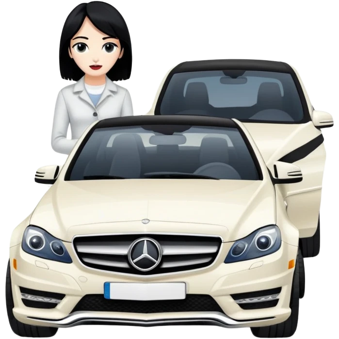 Woman with black hair stands near white Mercedes C-class emoji
