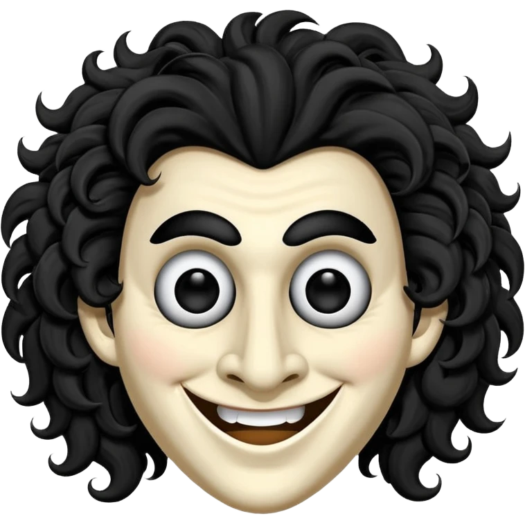 generate theatre wooden mask emoji with a big curly black hair 

wide black coloured smile, long and pointy white nose with no nostrils, pitch black eyes emoji