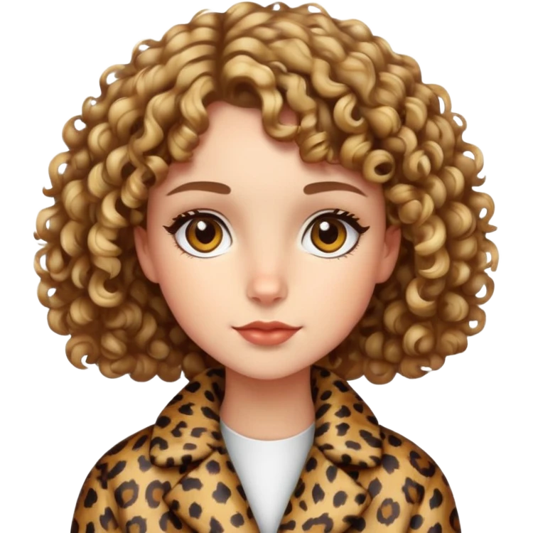Caucasian girl with short curly hair and hazel eyes in leopard print coat  emoji