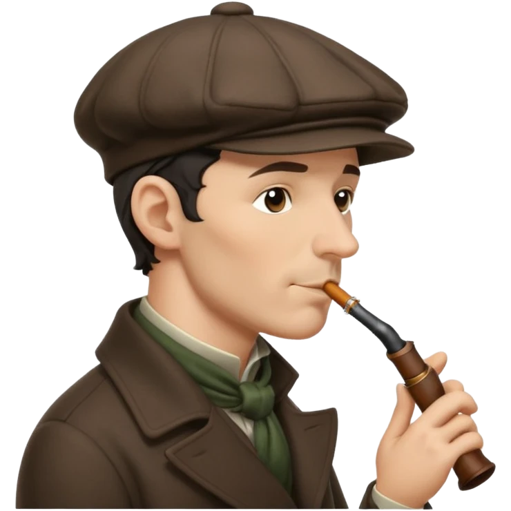 A side view of Sherlock Holmes wearing a deerstalker hat and smoking a pipe emoji