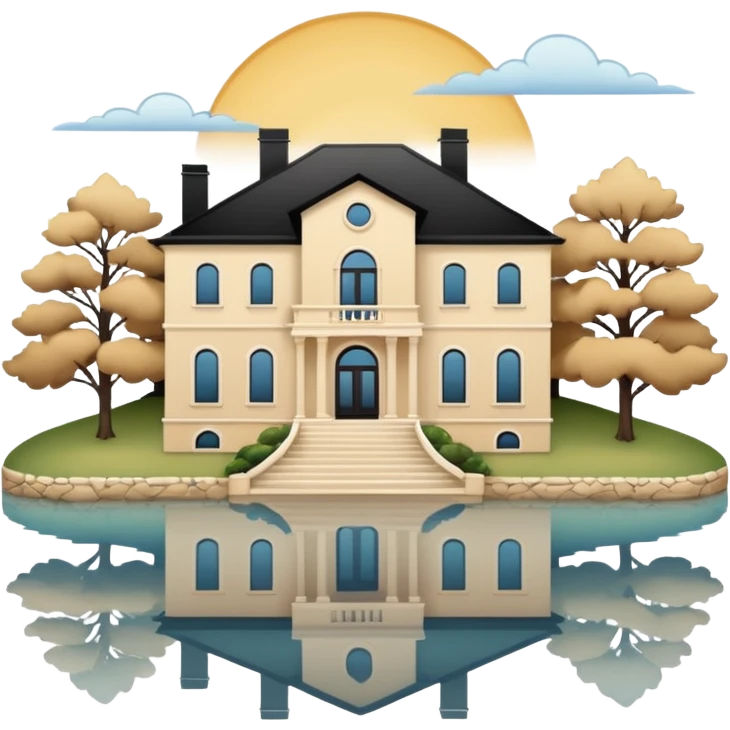3 story beige mansion with lake emoji