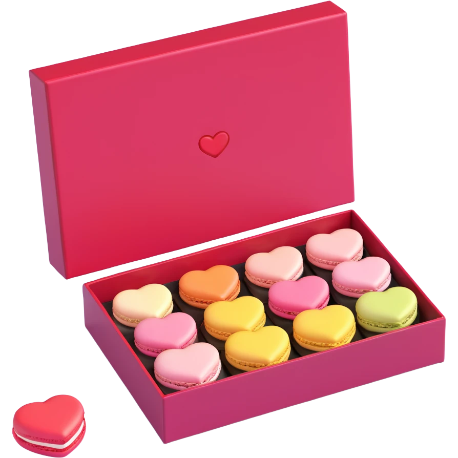 box of heart-shaped macarons, soft lighting, playful and charming, high gloss, modern design, iOS 3D emoji style emoji