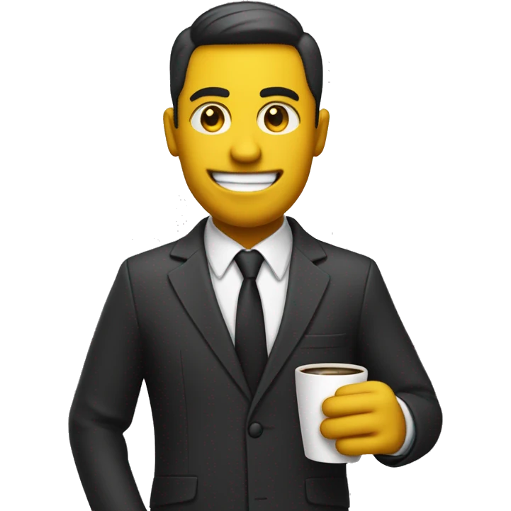 A sleek, formal emoji with a yellow face, wearing a tailored suit, holding a briefcase in one hand and a coffee mug in the other, with a subtle raised eyebrow and a confident smile. emoji