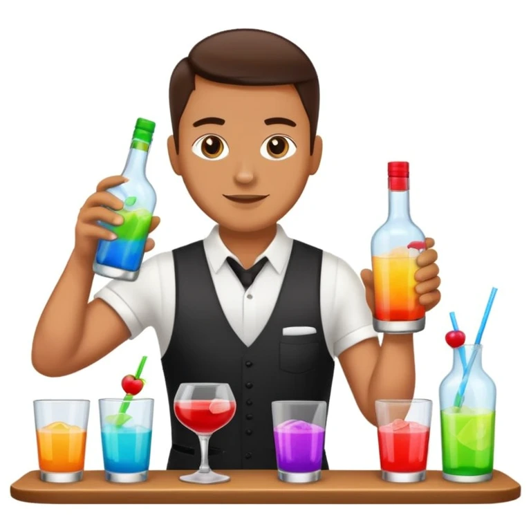 bartender mixing drinks, club backgroudn with bottles emoji
