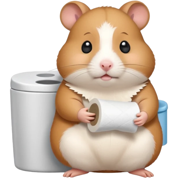 Cute chubby cartoon-style hamster sitting on toilet holding toilet paper looking as if he had an accident, sticker-style illustration emoji