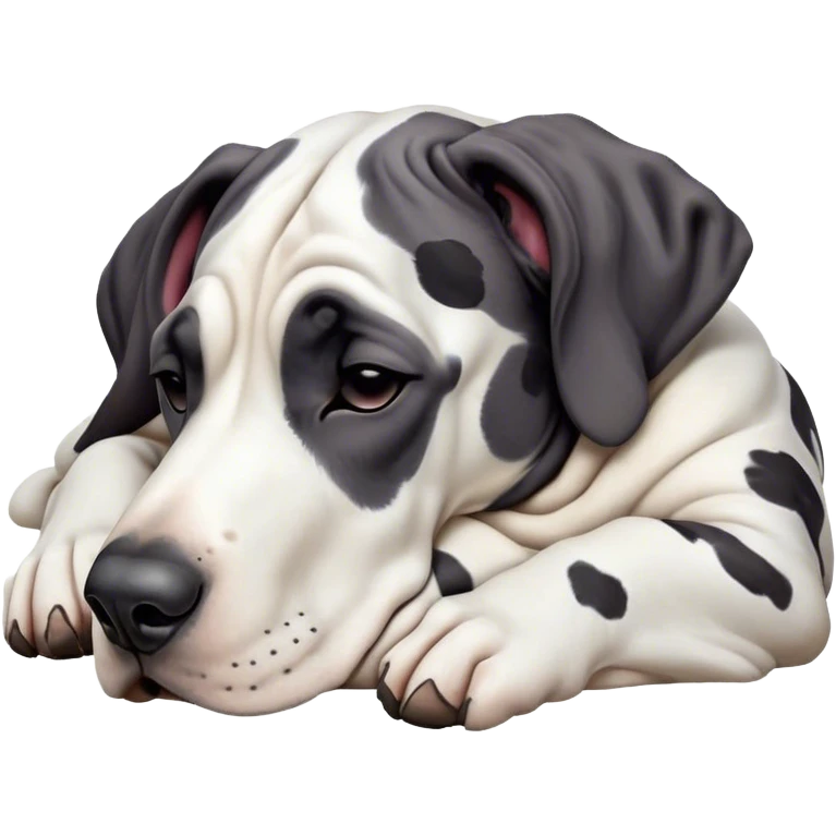 Meme-Worthy Cute Sleeping Harlequin Great Dane Portrait Emoji, Head resting peacefully with a contented smile, showcasing a delightfully majestic build and a luxuriously soft coat of predominantly white with bold black patches, eyes shut in a serene nap, Simplified yet hilariously adorable features, highly detailed, glowing with a soft, drowsy light, high shine, relaxed and utterly lovable, stylized with an air of playful laziness, bright and heartwarming, soft glowing outline, capturing the essence of a comically sleepy guardian, so meme-worthy it feels like it could instantly become the next viral sensation of adorable slumber! emoji