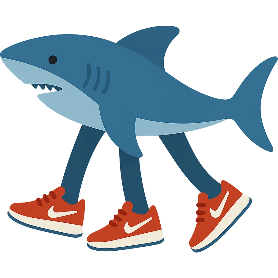 shark with three legs wearing Nike sneakers with white logo, colorful icon style, transparent background emoji