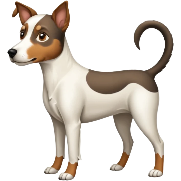 a full body large white floppy eared parson russell looking dog the size of a kelpie with light brown ears and a light brown patch on one eye and a large snout emoji