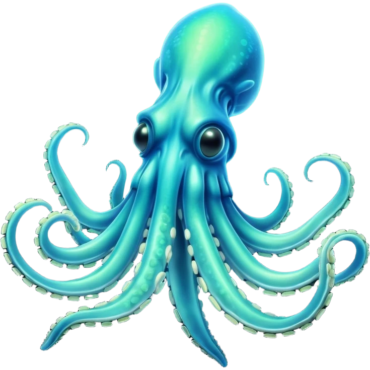 3D render of Deep Sea Squid, bioluminescent deep sea style, glowing neon blue and green lights, dark background to contrast the glow, translucent organic textures, more emision. emoji