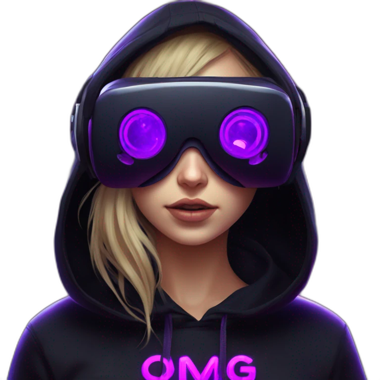 Russian girl wearing black hoody with violet letters "OMG", in vr headset. Cyberpunk style. Violet neon. emoji