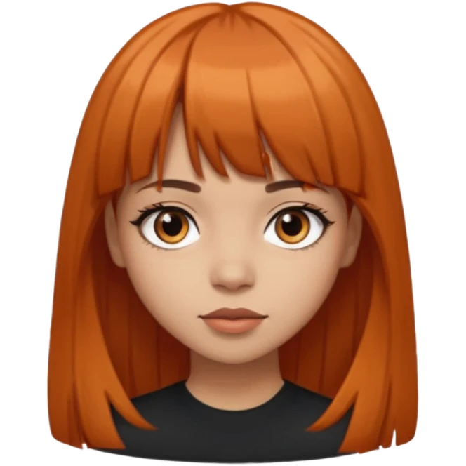 Light skin girl, black to brown orange-ish hair, big brown eyes and medium straight hair with bangs above the eyebrow  emoji