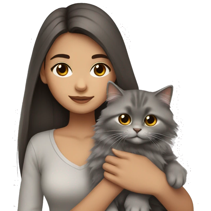 Dark brown straight hair girl with holding fluffy Siberian gray cat  emoji