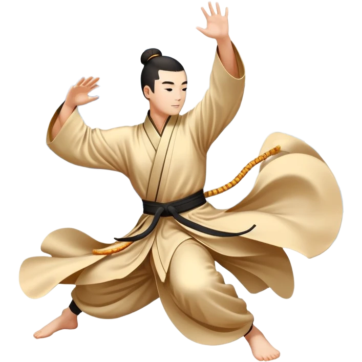 Emblem symbolizing Wushu martial arts. A graceful martial artist performs a dynamic kung fu pose, with flowing movements and a long, elegant robe. The background features stylized clouds and traditional Chinese symbols, representing fluidity, balance, and precision. Transparent background. emoji