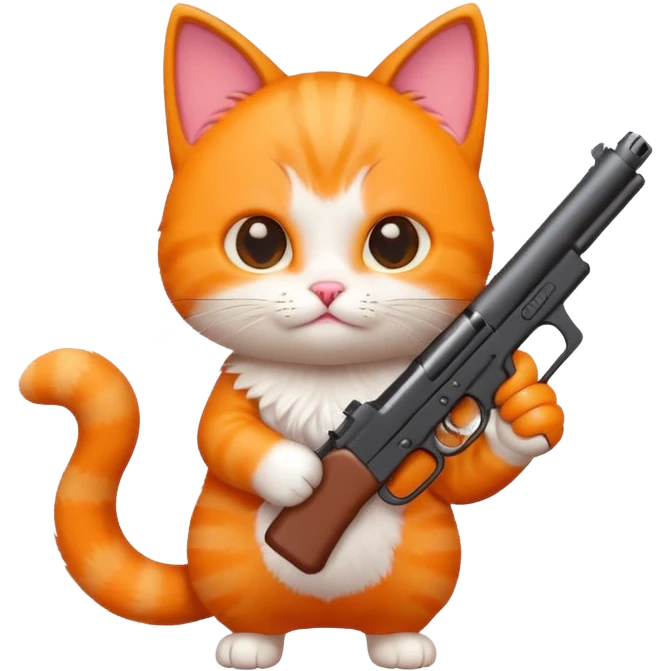 cute small cat holding a gun, emoji style, simple and bright, cute expression emoji