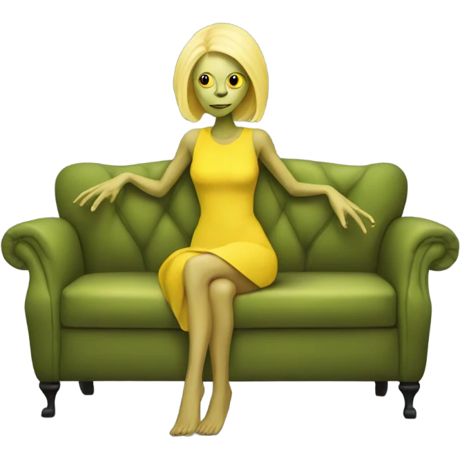 blonde alien reptilian woman in jellow dress, sitting on a couch  emoji