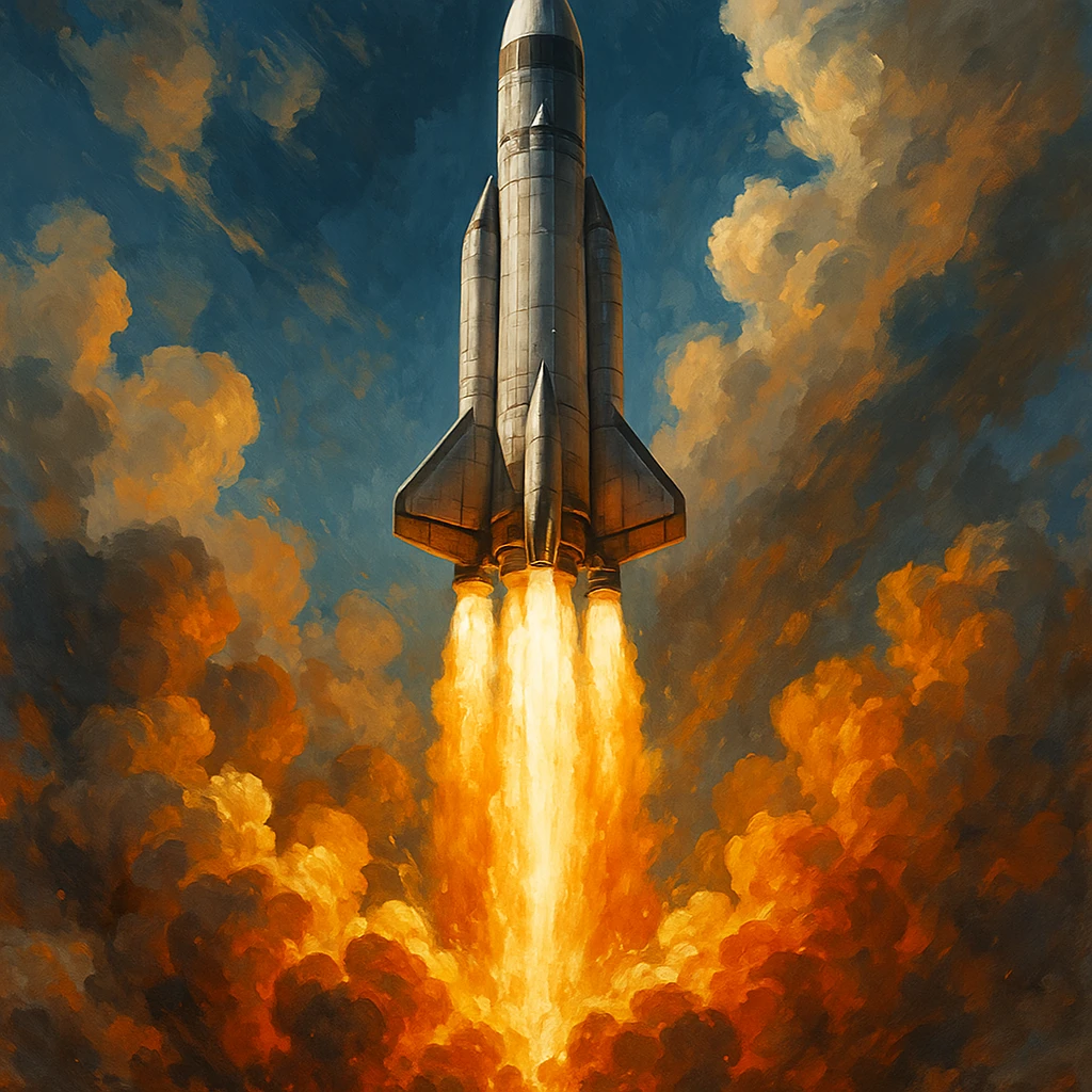 A rocket ship blasting off, dynamic and powerful, in general style, detailed and vibrant. emoji