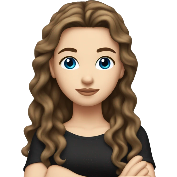 White girl with long wavy brunette hair, with blue eyes & wearing a black tube top doing the peace sign  emoji