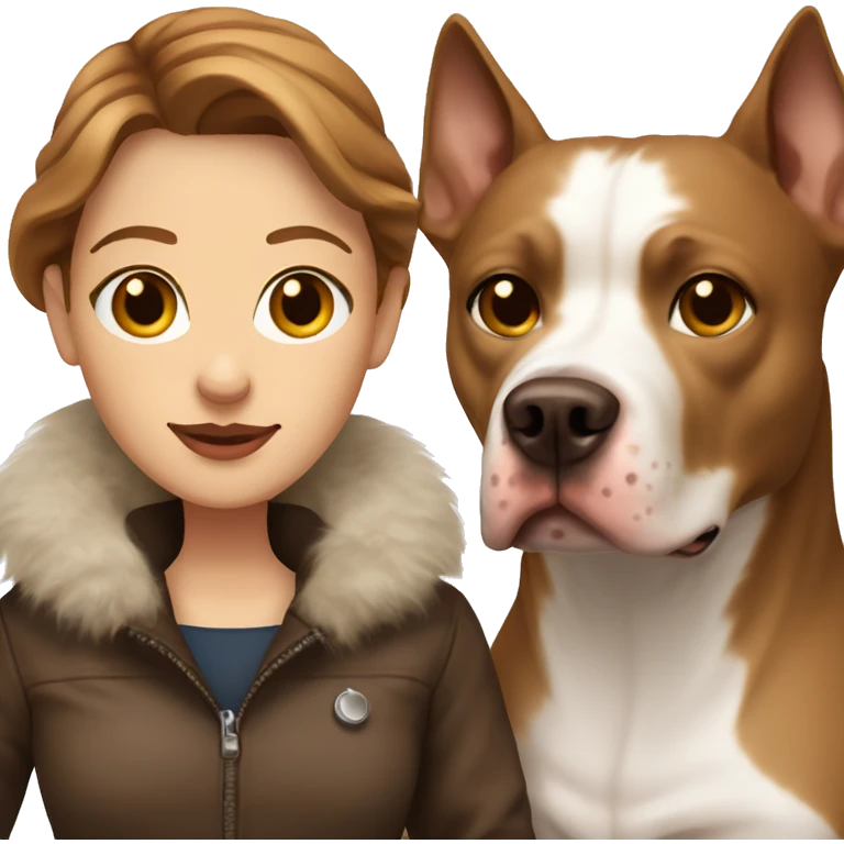white woman with long brown hair in a furry jacket standing alongside a white pitbull with a brown patch around his eye emoji