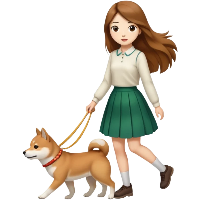 A girl with long brown hair and a skirt walking a Shiba Inu emoji