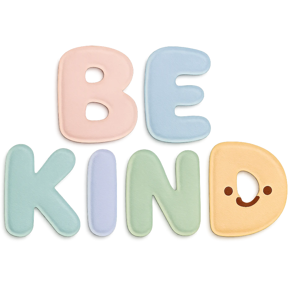 soft pastel rainbow puffy bubble letters for "Be Kind", kawaii cute style, transparent background, no frame emoji