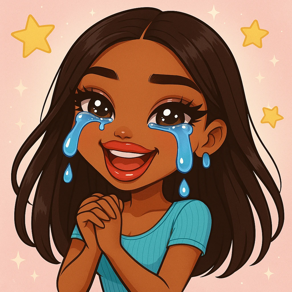 Make the character look like a 20-year-old woman in anime Bratz style with dark skin, dark hair, crying laughing expression, big expressive eyes, and glossy lips. emoji