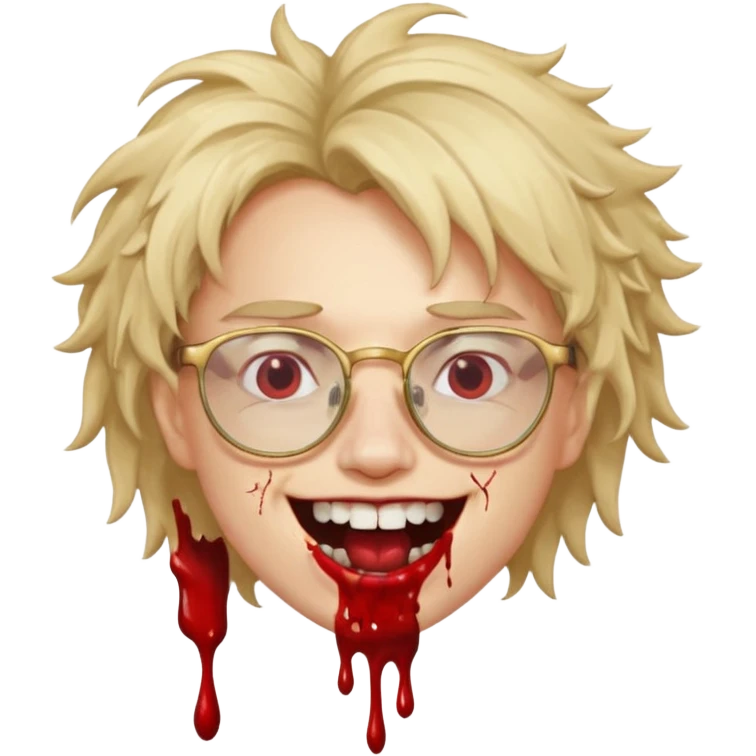 Cabelo bagunçado com oculos sorrindo com metade do rosto com dente de ouro e saindo sangue da boca  emoji