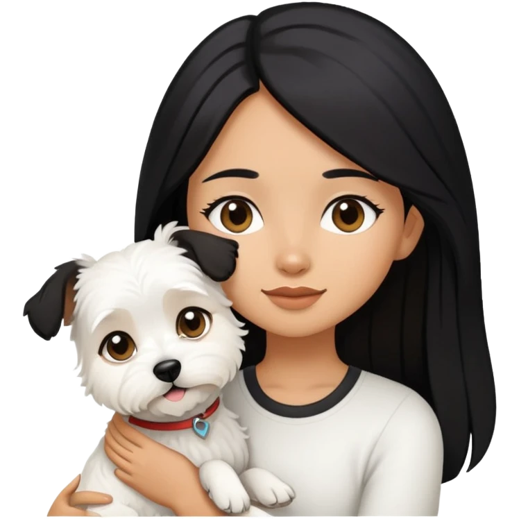 A girl with long black hair is holding a white terrier dog emoji