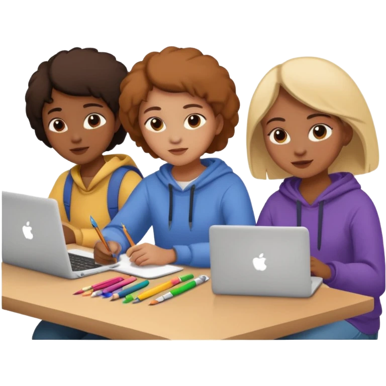 three diverse design students working on creative project with art supplies and laptops emoji