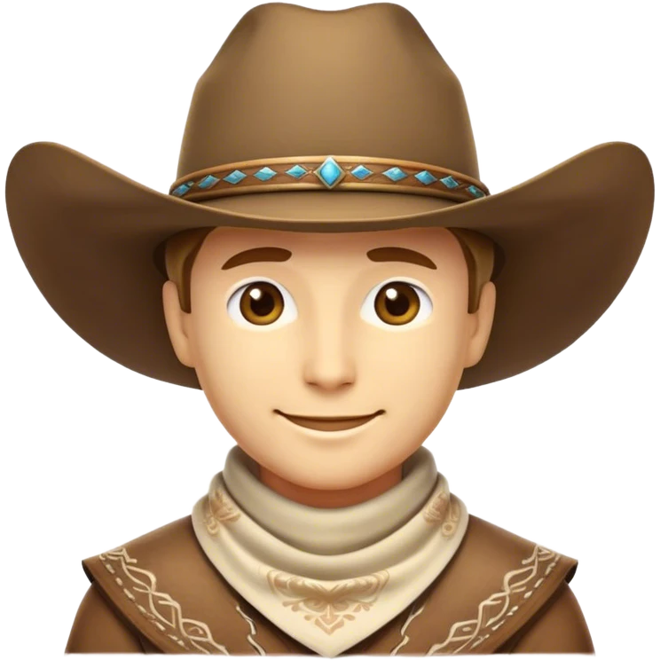 Clash of Clans aesthetic: Beautiful and Majestic Cowboy Portrait Emoji, Rendered in serene confidence with a gentle, enigmatic smile and a regal wide-brimmed hat, showcasing a distinguished, weathered build with a timeless bandana and soft, wise eyes in natural skin tone, Simplified yet exquisitely endearing features, highly detailed, glowing with a soft, majestic western light, high shine, calm and heroic, stylized with an air of legendary frontier elegance, soft glowing outline, capturing the essence of a majestic cowboy whose noble spirit inspires epic journeys! emoji