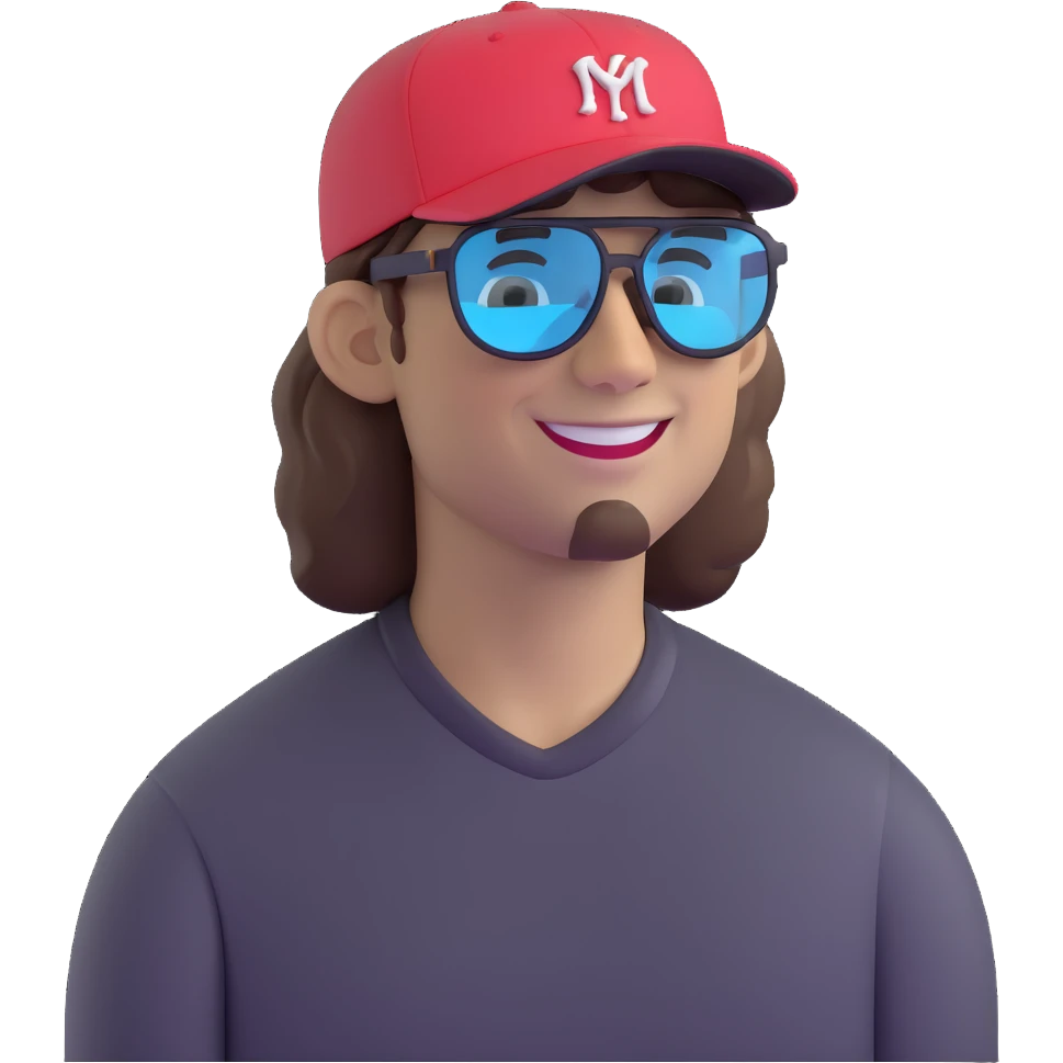 guy with brown hair, baseball cap, Pit Viper glasses, smiling, head turned slightly emoji