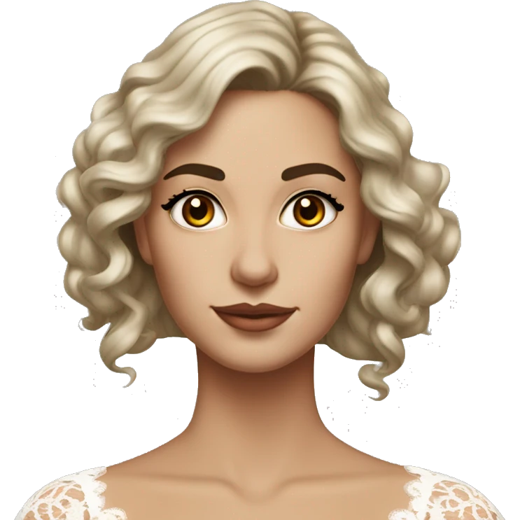hyper realism Adult woman with brown eyes, light tanned skin, long wavy dark brown hair, wearing a white lace dress, thin eyebrows emoji