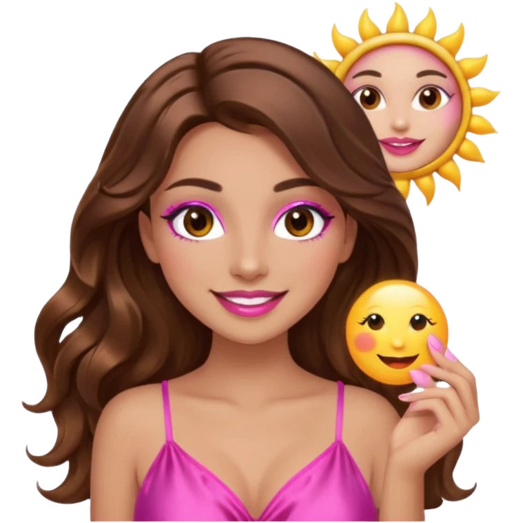 girl with long wavy brown hair, brown eyes, long lashes makeup, sexy pink lips, smiling, light to medium complexion, wearing a pink sexy silk top, holding the sun icon  emoji