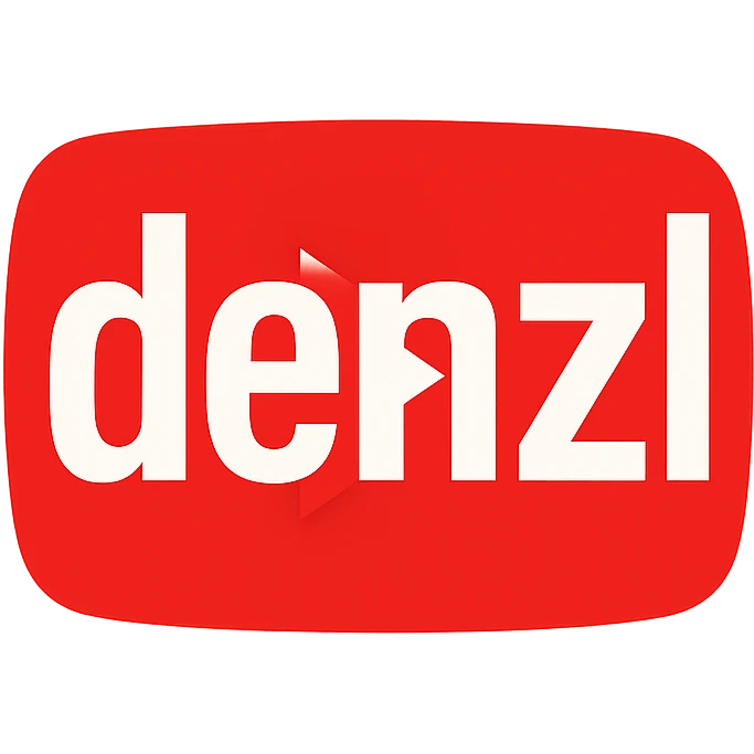 logo for 'denzl' inspired by YouTube branding, bold sans-serif lettering, red and white color scheme, play button icon integrated, modern and clean design emoji