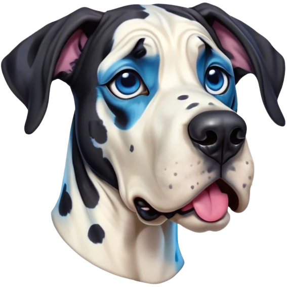 Cinematic Comical Harlequin Great Dane Portrait Emoji, Head tilted dramatically with an exaggeratedly shocked or amused expression, featuring a striking coat of predominantly white with vivid black patches, wide, expressive blue eyes filled with playful disbelief, Simplified yet hilariously expressive features, highly detailed, glowing with a slightly sassy glow, high shine, dramatic yet playful, stylized with an air of cheeky charm, bright and endearing, soft glowing outline, capturing the essence of a spirited and over-the-top guardian, so meme-worthy it feels like it could side-eye its way into internet fame instantly! emoji