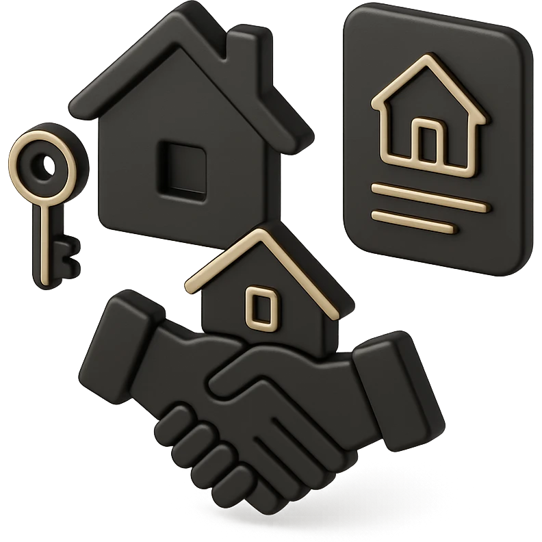 an icon representing mortgage services, including a house with a key, a document with a house symbol, and a handshake over a house, 3D black style emoji