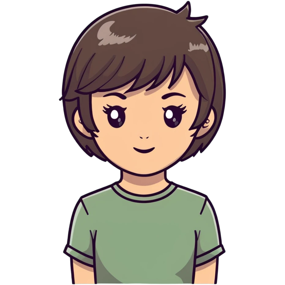 White girl with short wolfcut hairstyle, brown eyes, straight hair, wearing a sage green top emoji
