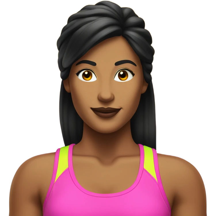 Tanned woman with black hair wearing 1980s style neon fitness outfit and hair emoji