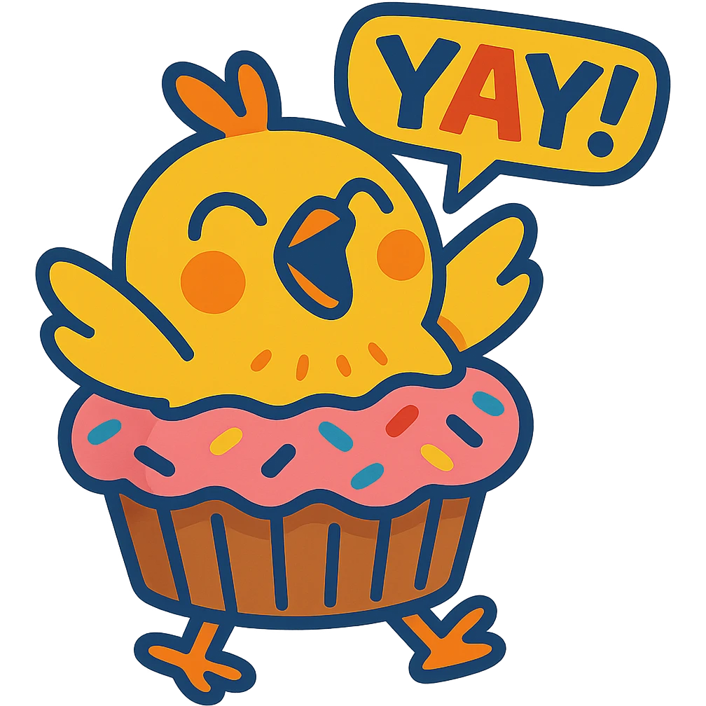 chick in cupcake costume shouting “Yay!”, vibrant-toon style emoji