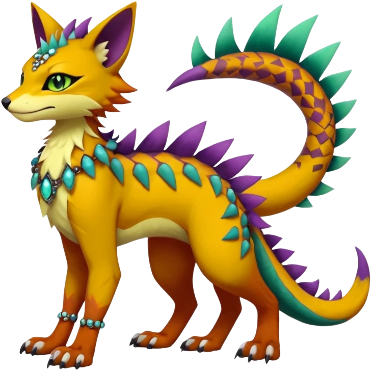 Kawaii cute reddish orangish yellowish greenish purplish exotic tribal beautiful pretty elegant divine edgy feline-vernid-sergal-Fakémon-Pokémon-Digimon-fursona-animal-creature with accessories, jewelries, full body, with intricate detailed markings, furs, fins, scales, spiny emoji